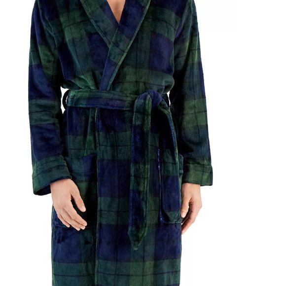 new Sz L/XL Club Room Men's Super-Soft Pajama Robe in EMERALD GREEN BLUE TARTAN - Picture 2 of 6